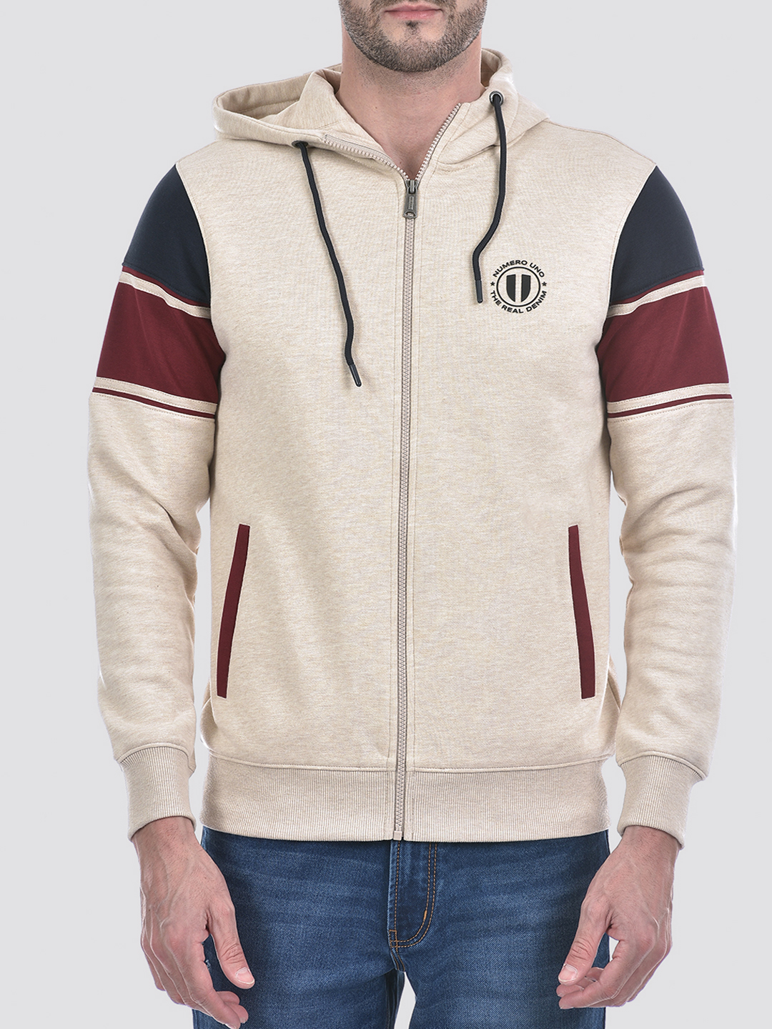 Numero Uno Men Cream Color Block Hooded Neck Brushed Fleece Sweatshirt